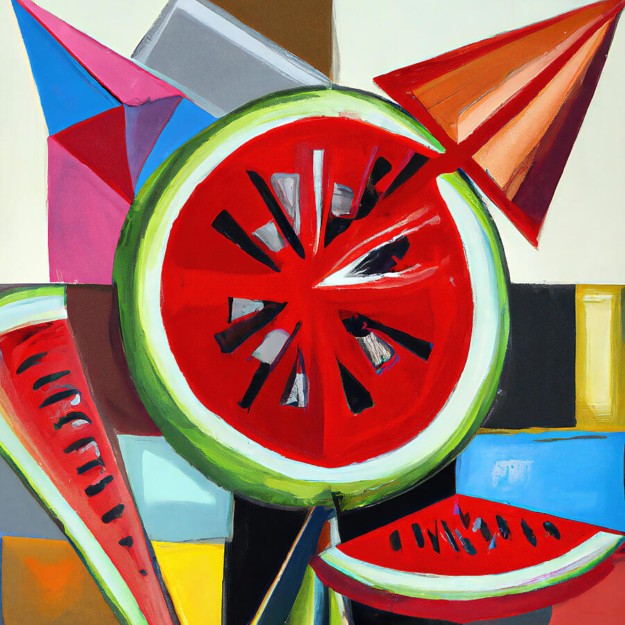 Watermelon Painting - Red Juicy Fresh Watermelon Slices - Funky Geometric Abstract #1 by StellArt Studio