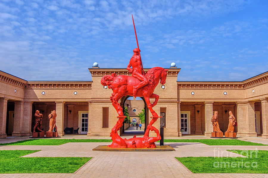 red knight and horse with plaza background at the Masone Labyrinth Museum in Fontanellato - Parma - Italy #1 Photograph by Luca Lorenzelli