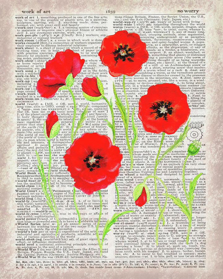 Red Poppies Wildflowers Dictionary Page Watercolor Painting