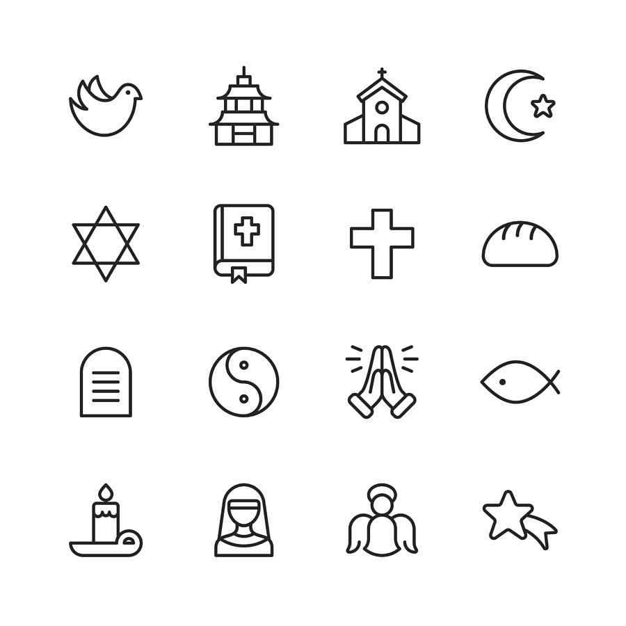 Religion Icons. Editable Stroke. Pixel Perfect. For Mobile and Web. Contains such icons as Religion, God, Faith, Pray, Christian, Catholic, Church, Islam, Judaism, Muslim, Hinduism, Meditation, Bible. #1 Drawing by Rambo182