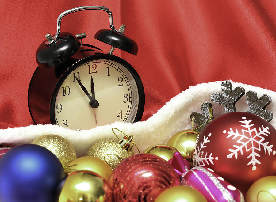 Retro clock and christmas balls and toys #1 Photograph by Mikhail Kokhanchikov