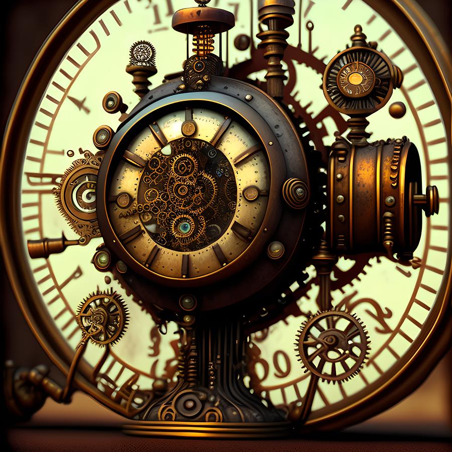 Retro Steampunk Clockwork, Generative AI Illustration #1 Digital Art by Miroslav Nemecek