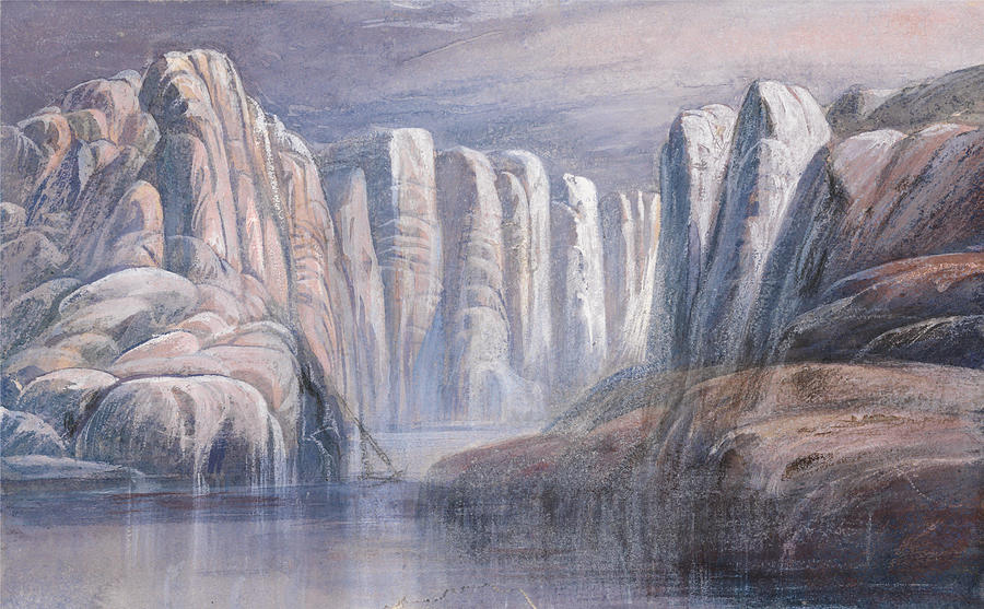 Edward Lear Painting - River pass  between barren rock cliffs  #1 by Edward Lear