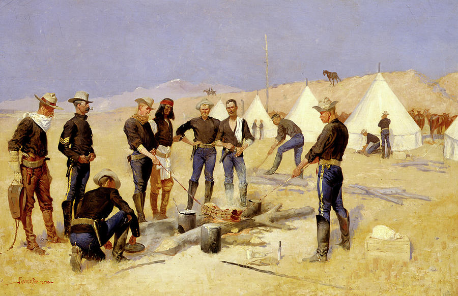 Frederic Remington Painting - Roasting the Christmas Beef in a Cavalry Camp, circa 1892 by Frederic Remington