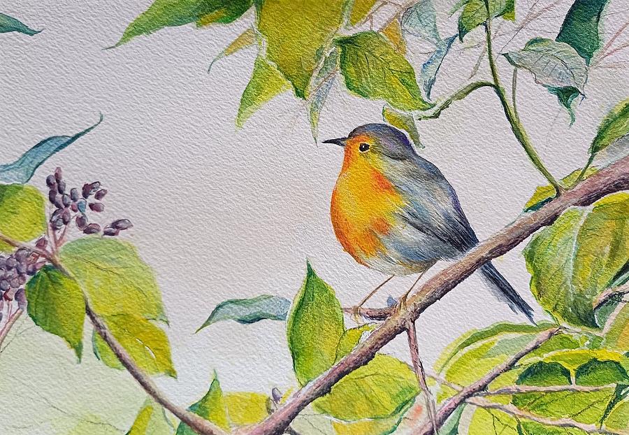 Robin on a branch #1 Painting by Carolina Prieto Moreno