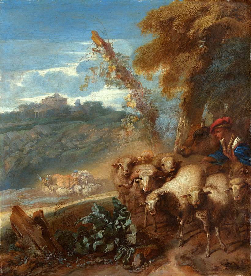 Roman Landscape with a Shepherd and Sheep #2 Painting by Giovanni Benedetto Castiglione