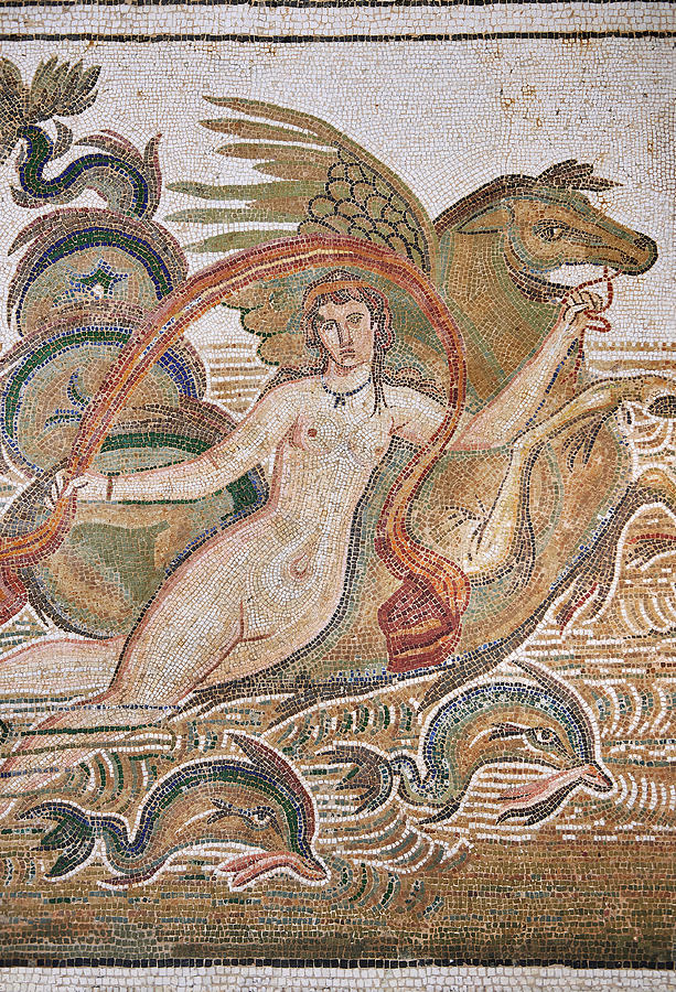 Roman mosaics of a Nymph lying on a sea horse - El Djem Archaeological Museum #3 Photograph by Paul E Williams