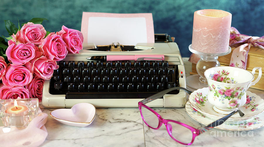 Romantic vintage writing scene, tea break with old typewriter. #1 Photograph by Milleflore Images