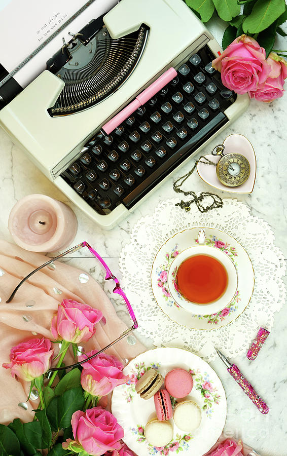 Romantic vintage writing scene with old typewriter overhead on marble table. #1 Photograph by Milleflore Images