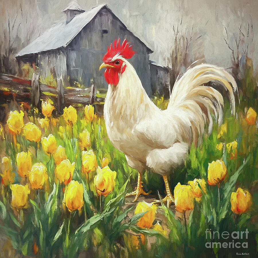 Rooster In The Tulips 2 Painting by Tina LeCour Rooster In The Tulips 2 Painting by Tina LeCour