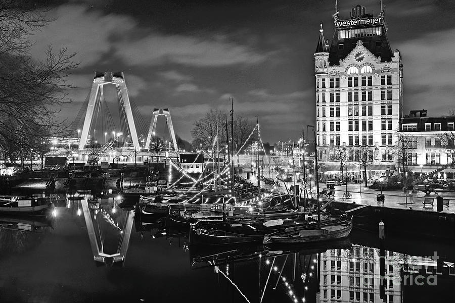 Rotterdam, Netherlands - Red Bridge And Old Harbour At Night Photograph