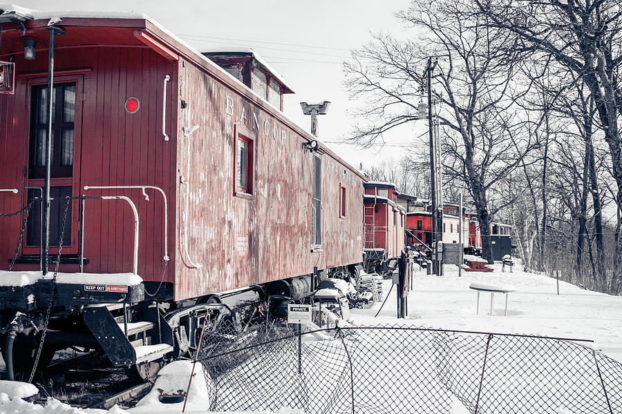 Winter Photograph - Row of Vintage Red Train Cabooses North Conway New Hampshire 2 by Edward Fielding
