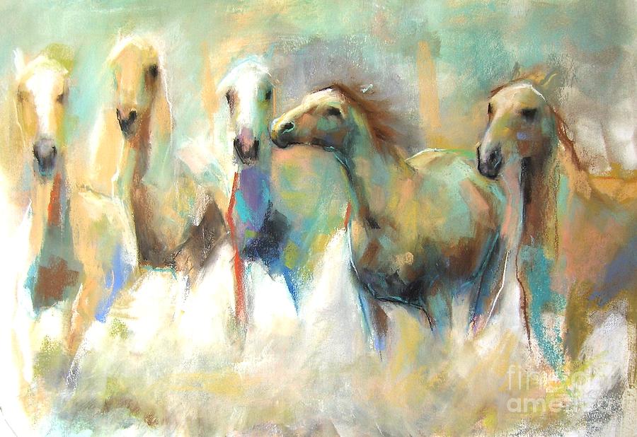 Abstract Realism Pastel - Running With The Palominos #1 by Frances Marino