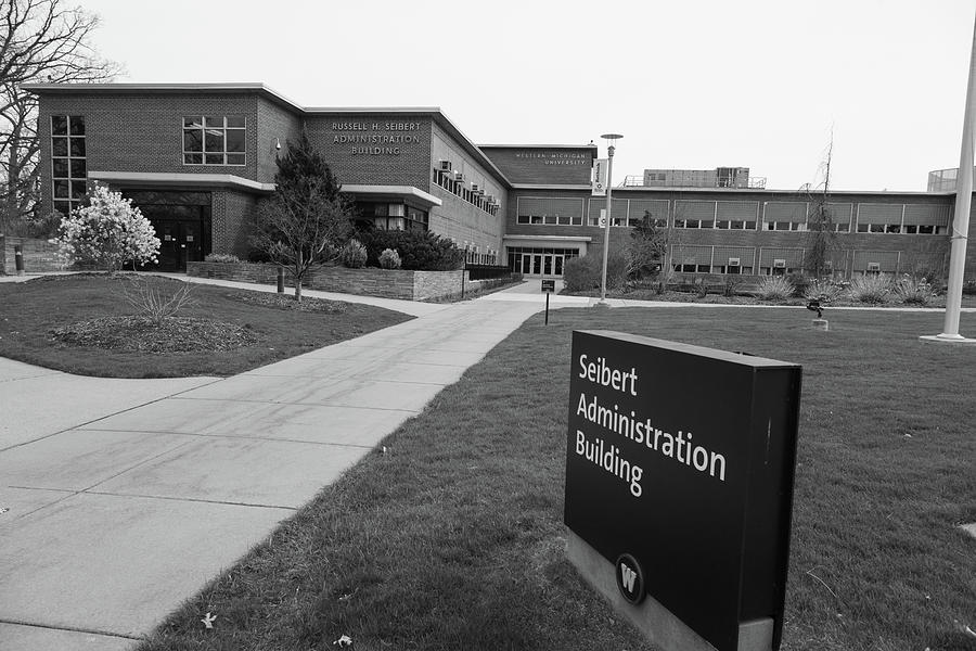 Russell H. Seibert Administration Building at Western Michigan University in black and white #1 Photograph by Eldon McGraw