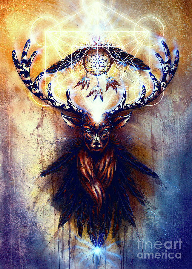 Sacred Ornamental Deer Spirit With Dream Catcher Symbol And Feathers ...
