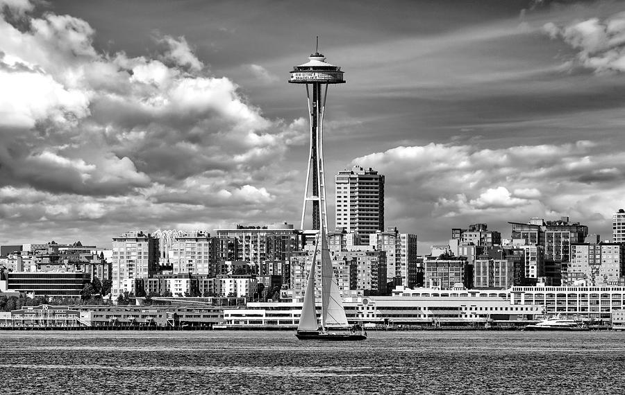 Sailboat beneath the Seattle Space Needle #1 Photograph by Mountain Dreams