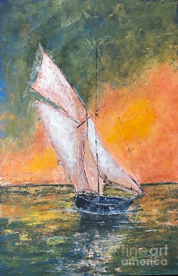 Sailing West, a textural impressionist sailboat impasto oil and cold wax painting Painting by Patricia Caldwell