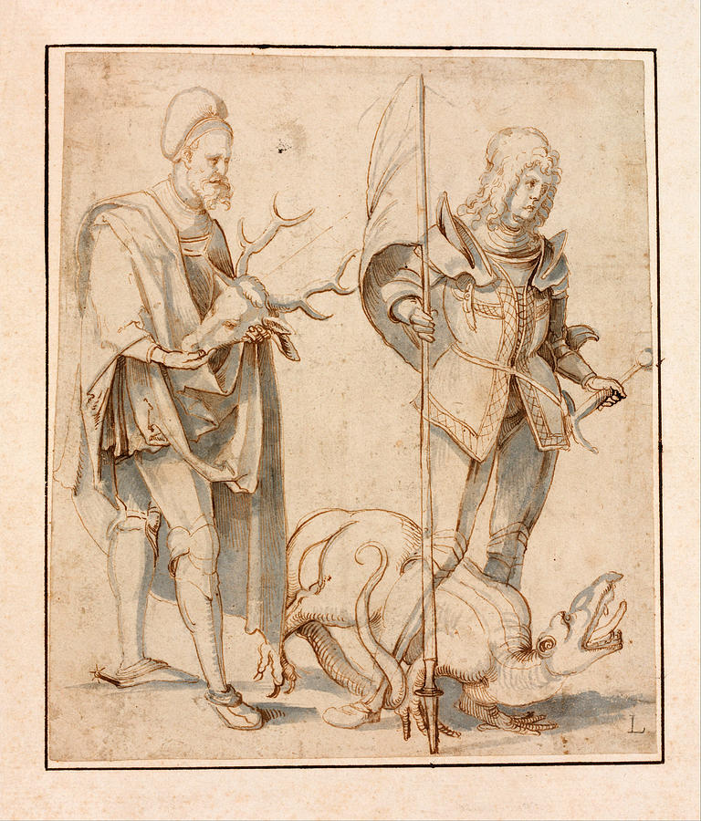 Saint Eustace and Saint George #1 Drawing by Hans von Kulmbach