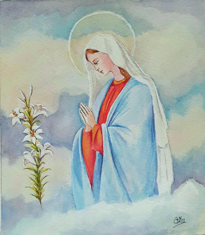 Saint Mary with lily #2 Painting by Carolina Prieto Moreno