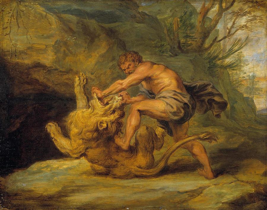 Jacob Jordaens Drawing - Samson and the Lion Study #1 by Workshop of Peter Paul Rubens Flemish