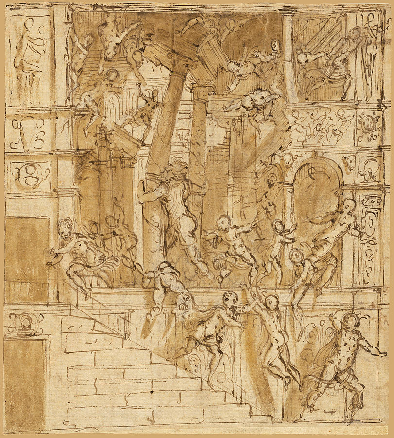 Samson Destroying the Temple #2 Drawing by Lattanzio Gambara