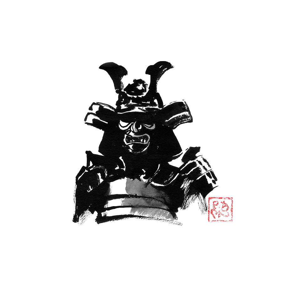 Cat Drawing - Samurai Armor #1 by Pechane Sumie