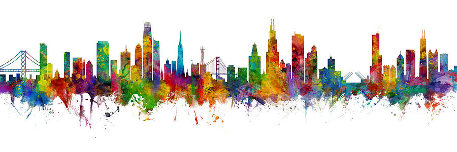 San Francisco and Chicago Skyline Mashup #1 Digital Art by Michael Tompsett