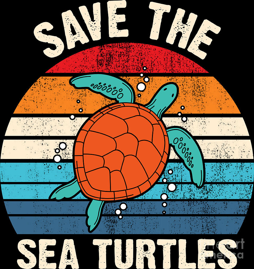 Save the Sea Turtles Retro Vintage Climate Change Earth Day Digital Art ...