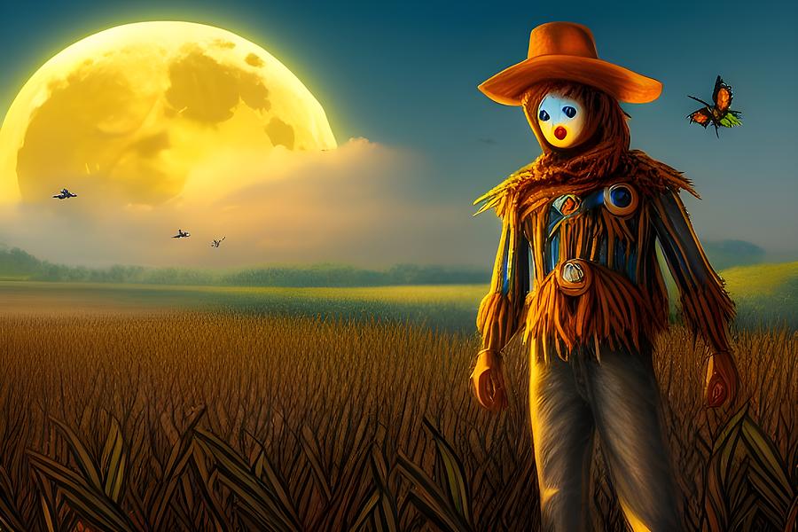 Scarecrow and Harvest Moon Digital Art by Beverly Read