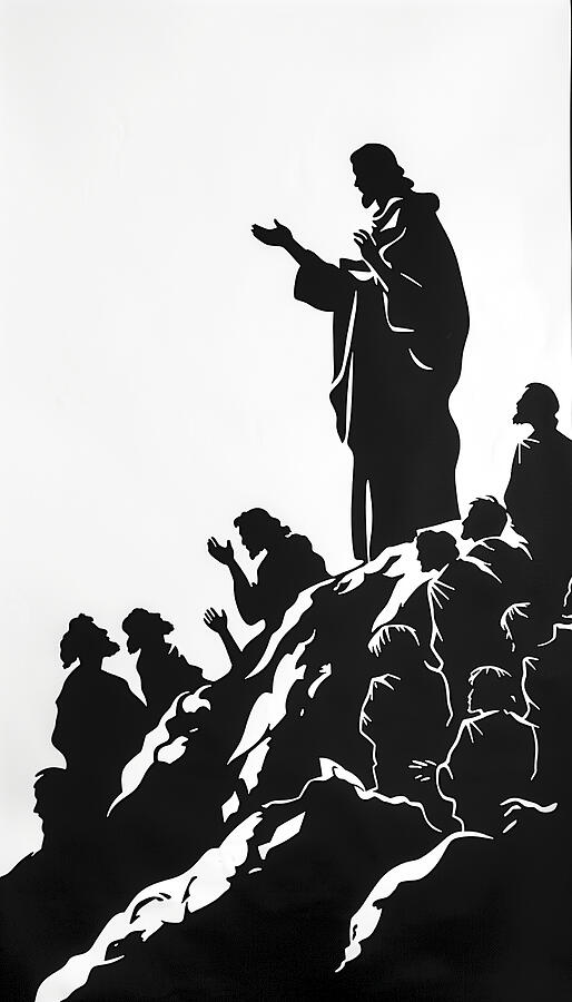Black And White Digital Art - scene portraying Jesus delivering the Sermon on the Mount #1 by Kingai