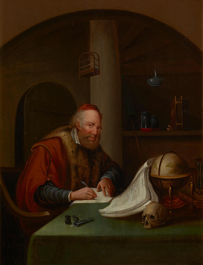 Gerrit Dou Painting - Scholar Interrupted at His Writing  #1 by Gerrit Dou