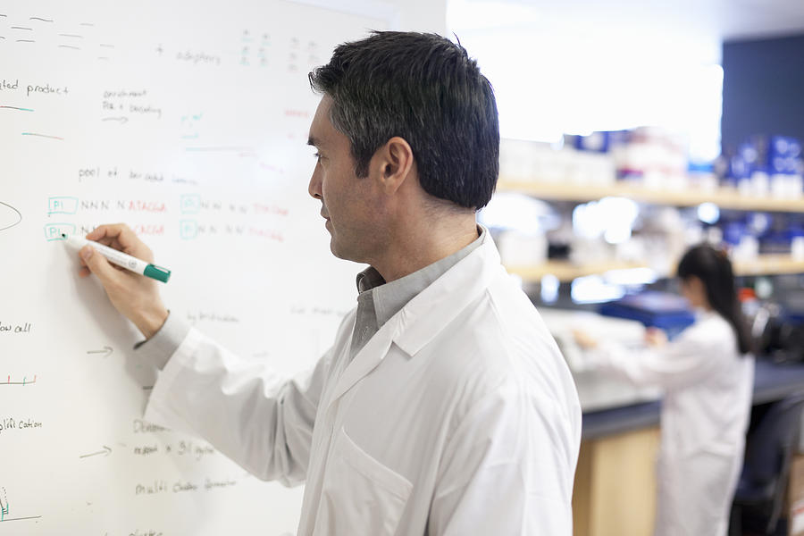 Scientist writing on whiteboard in laboratory #1 Photograph by Assembly