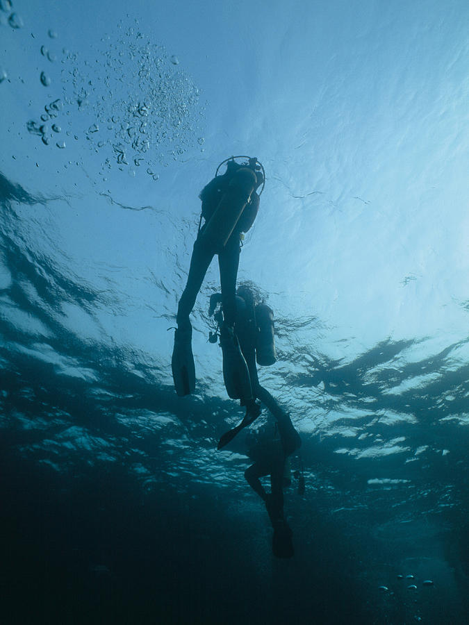 Scuba diver rising to surface, underwater view #1 Photograph by Dex Image