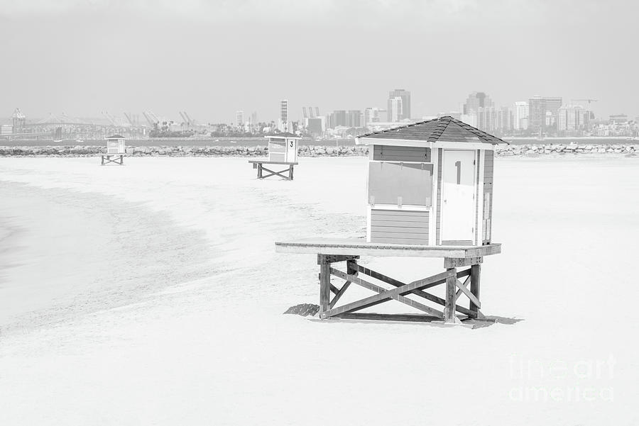 Seal Beach Lifeguard Towers Black and White Photo #1 Photograph by Paul Velgos