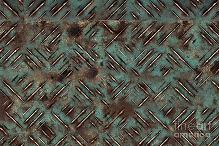 Vintage Painting - Seamless Oxidized Copper Patina Metal Diamond Plate Grunge Background Texture Vintage Antique Weathered Worn Corroded Rusted Bronze Or Brass Abstract Steampunk Pattern High Resolution 3d Rendering #1 by N Akkash