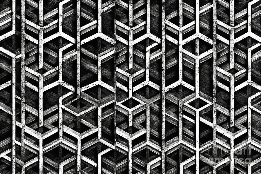 Vintage Painting - Seamless Painted Hexagon Stripe Weave Black And White Artistic Acrylic Paint Texture Background Creative Grunge Monochrome Hand Drawn Geometric Woven Motif Tileable Surface Pattern Wallpaper Design #1 by N Akkash