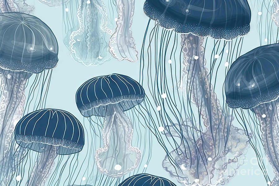 Fish Painting - Seamless pattern with detailed transparent jellyfish. Blue sea j #1 by N Akkash
