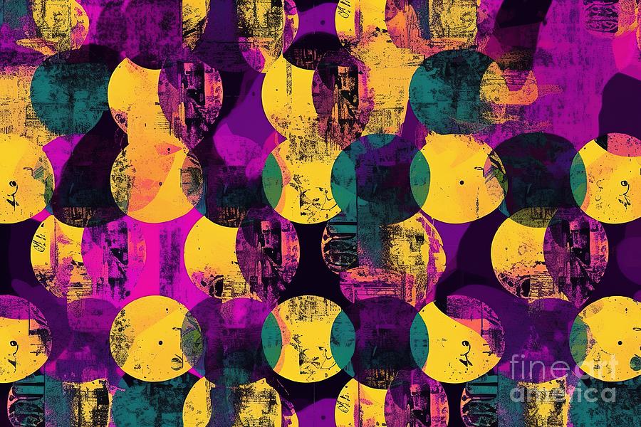 Vintage Painting - Seamless Pop Art Grunge Glitch Circles Patchwork Background Pattern Trendy Gender Neutral Violet And Yellow Dopamine Dressing Polka Dot Textile Swatch Contemporary Fashion Fabric Texture Backdrop #1 by N Akkash