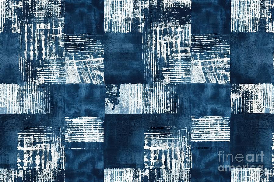 Pattern Painting - Seamless Scribbled Crosshatch Patchwork Squares Pattern In Indigo Blue And White High Resolution Textile Background Texture #1 by N Akkash