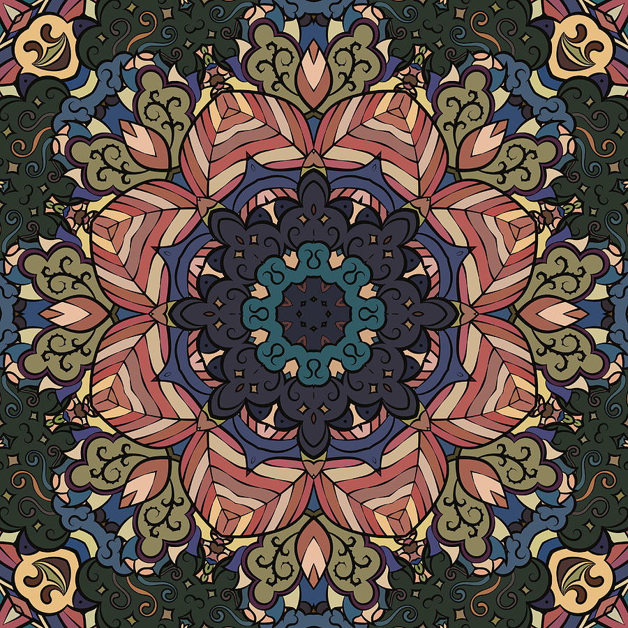 Seamless tracery tile mehndi design. Ethnic ornament, colorful doodle  symmetry texture. Folk traditional spiritual tribal design. Curved doodling  motif. Color art Digital Art by Denis Shlykov - Pixels