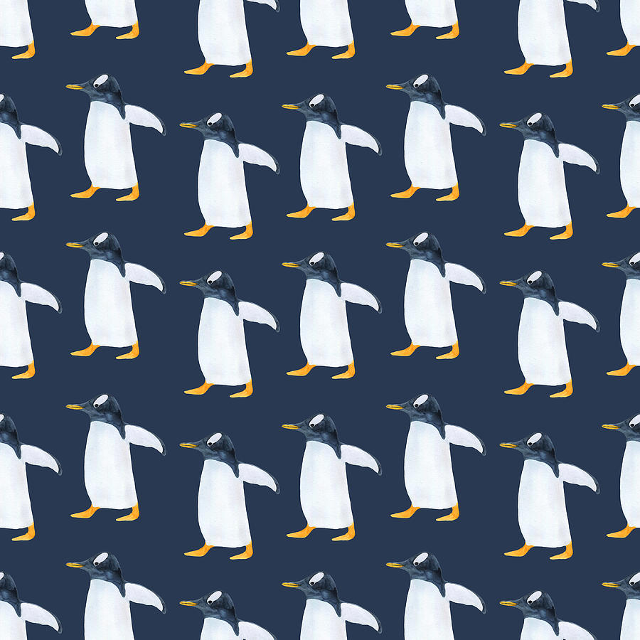 Seamless Watercolor Pattern With Penguin Drawing