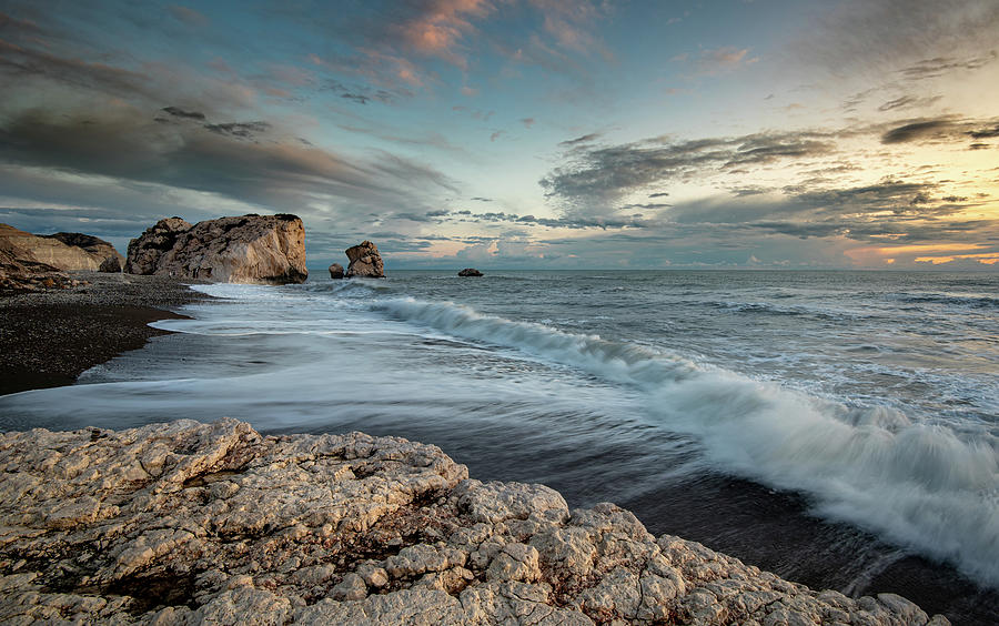 Seascape with windy waves and moody sky during sunset #1 Photograph by Michalakis Ppalis