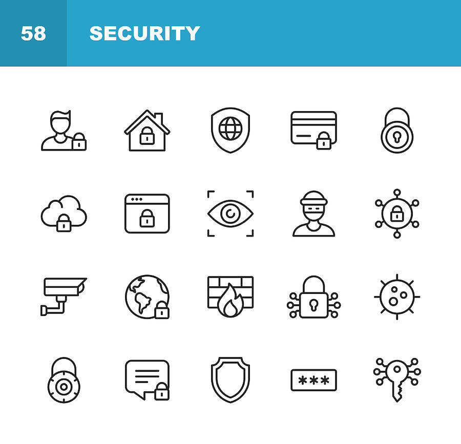 Security Line Icons. Editable Stroke. Pixel Perfect. For Mobile and Web. Contains such icons as Security, Shield, Insurance, Padlock, Computer Network, Support, Keys, Safe, Bug, Cybersecurity. Drawing by Rambo182
