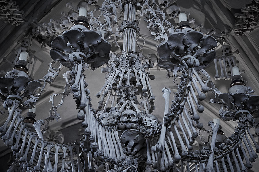 Skull Photograph - Sedlec Ossuary Chandelier Photo Art, Skull Bone Church #1 by Sedlec Ossuary Project