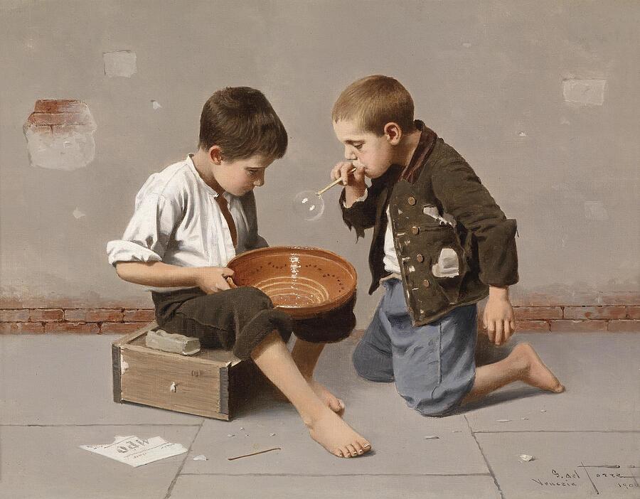 Seifenblasende Kinder  #1 Painting by Giulio del Torre Italian