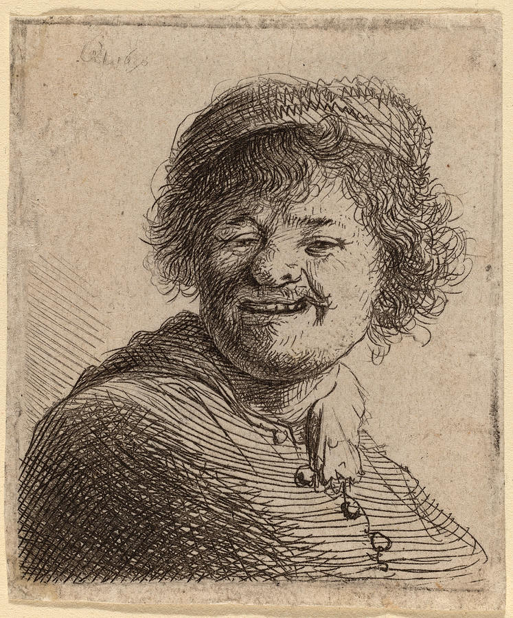 Self-Portrait in a Cap, Laughing #2 Drawing by Rembrandt