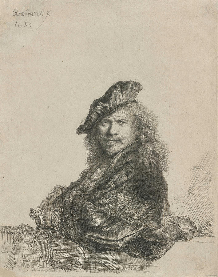 Self Portrait Leaning on a Stone Sill #5 Drawing by Rembrandt van Rijn