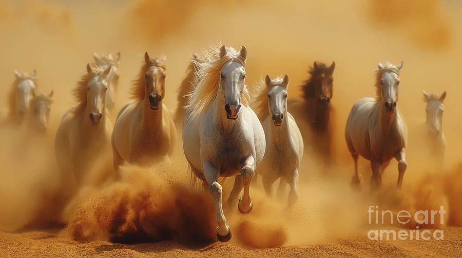 Several Arabian horses ride fast on the desert sand. #1 Photograph by Joaquin Corbalan