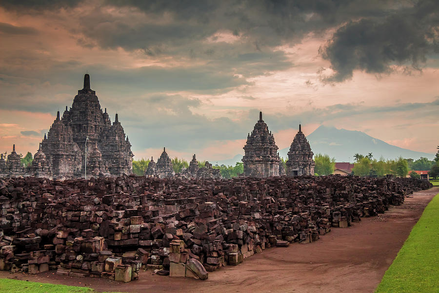 Sewu Temple and ruins at sunset, with Mount Merapi in the background,  Indonesia Photograph by Snap-T Photography - Pixels
