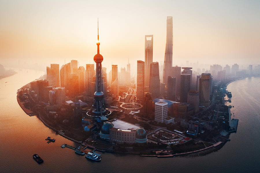 Shanghai city sunrise aerial view with Pudong business district #1 Photograph by Songquan Deng